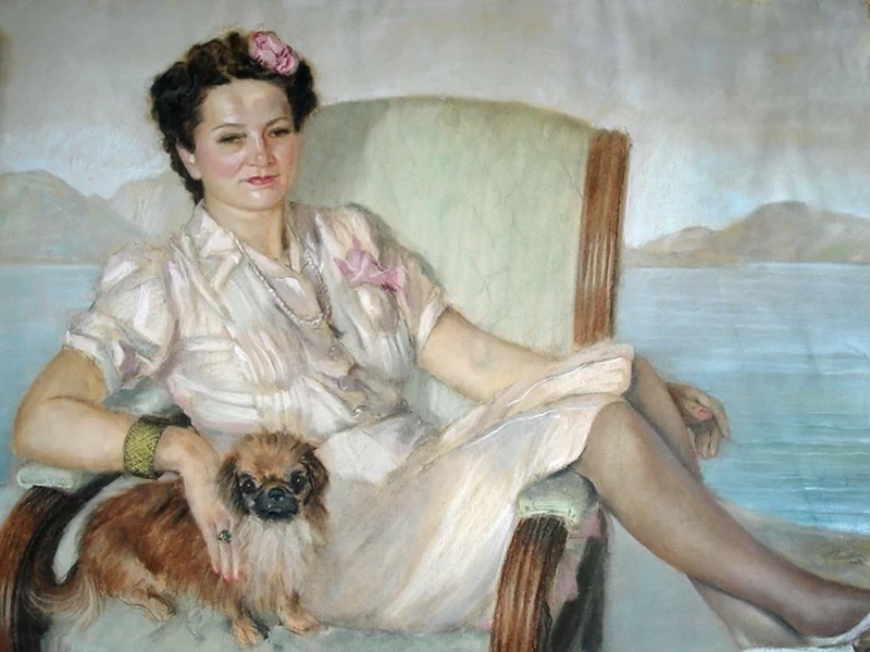 1897-Umberto Rossi Vezzani - Signora con cane pechinese